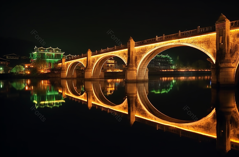 黑色水乡水城桥下灯光孔桥夜景远景拍摄,高清,摄影图,摄影图片,图片大全,摄影图免费下载